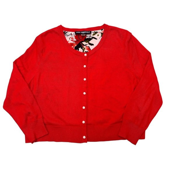 Karl Lagerfeld Pearl Button Knit Cardigan Sweater Floral Lined Red Size XL New - Picture 2 of 11